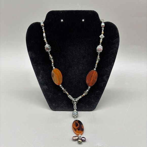 Park Lane Lariat Necklace Agate Jasper Tiger Eye Pearl Boho Statement Jewelry - Picture 1 of 9